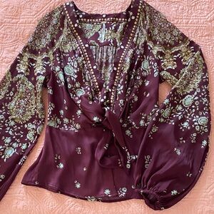 Free People Burgundy and khaki Deep V Floral Blouse